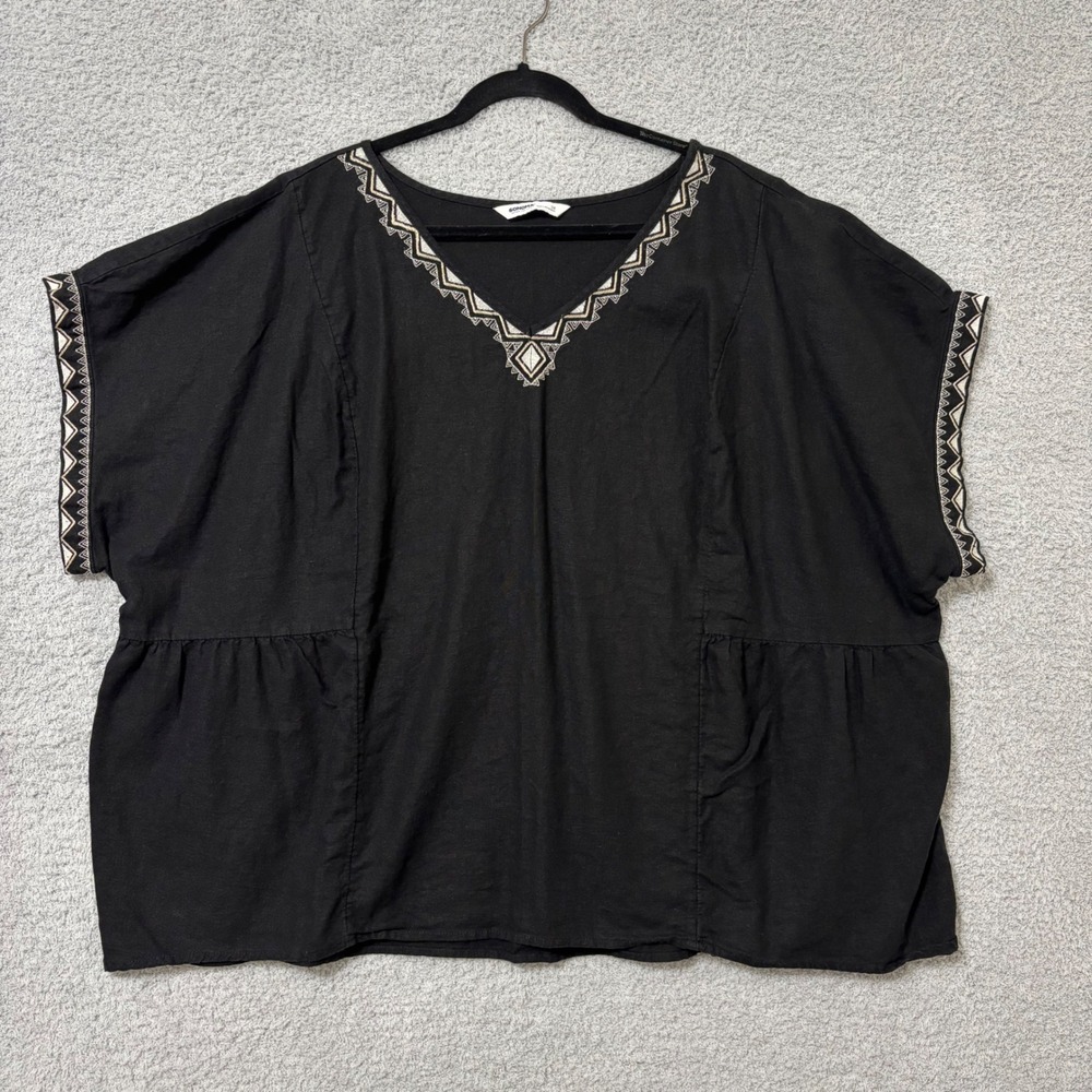 Linen Blend Peasant Top 3X Black Embroidered V Neck Boho Casual Summer Sonoma